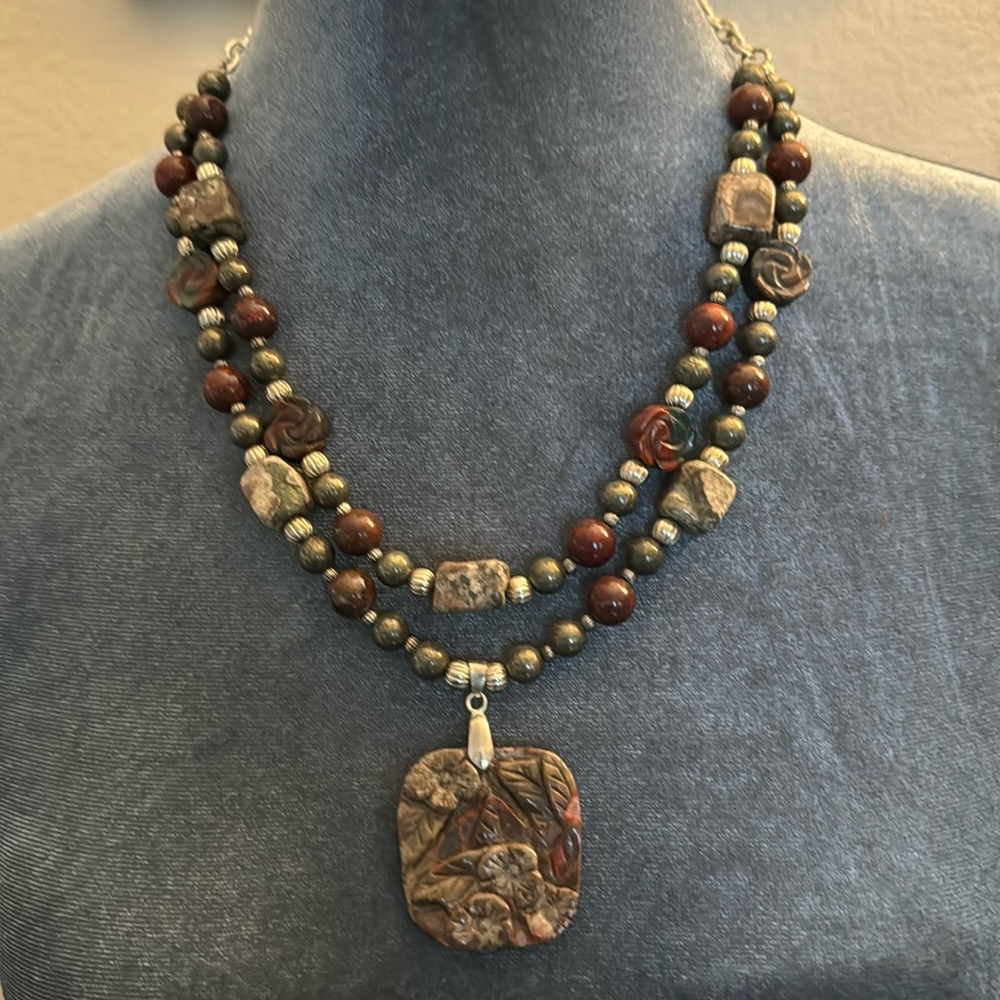 Artisan Mixed Stone Double-Strand Floral Carved Pendant Necklace